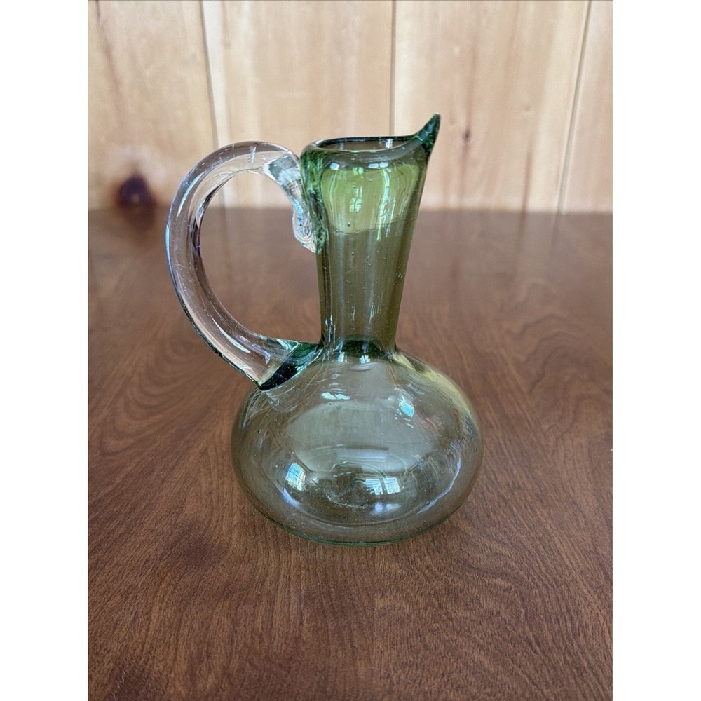 Hand Blown Vtg Lt Green Glass Applied Clear Handle Cruet With Pontil‎ 5" Bubbles